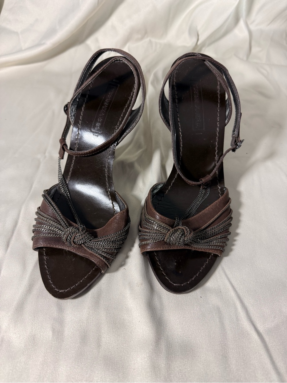 BCBGMaxAzria Dark Brown Knotted Chain Heeled Sandals